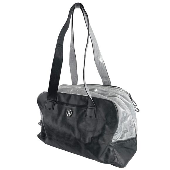 Lululemon Urban Sanctuary Black Silver Metallic Faux Leather Duffel Bag Handbag - Picture 2 of 7